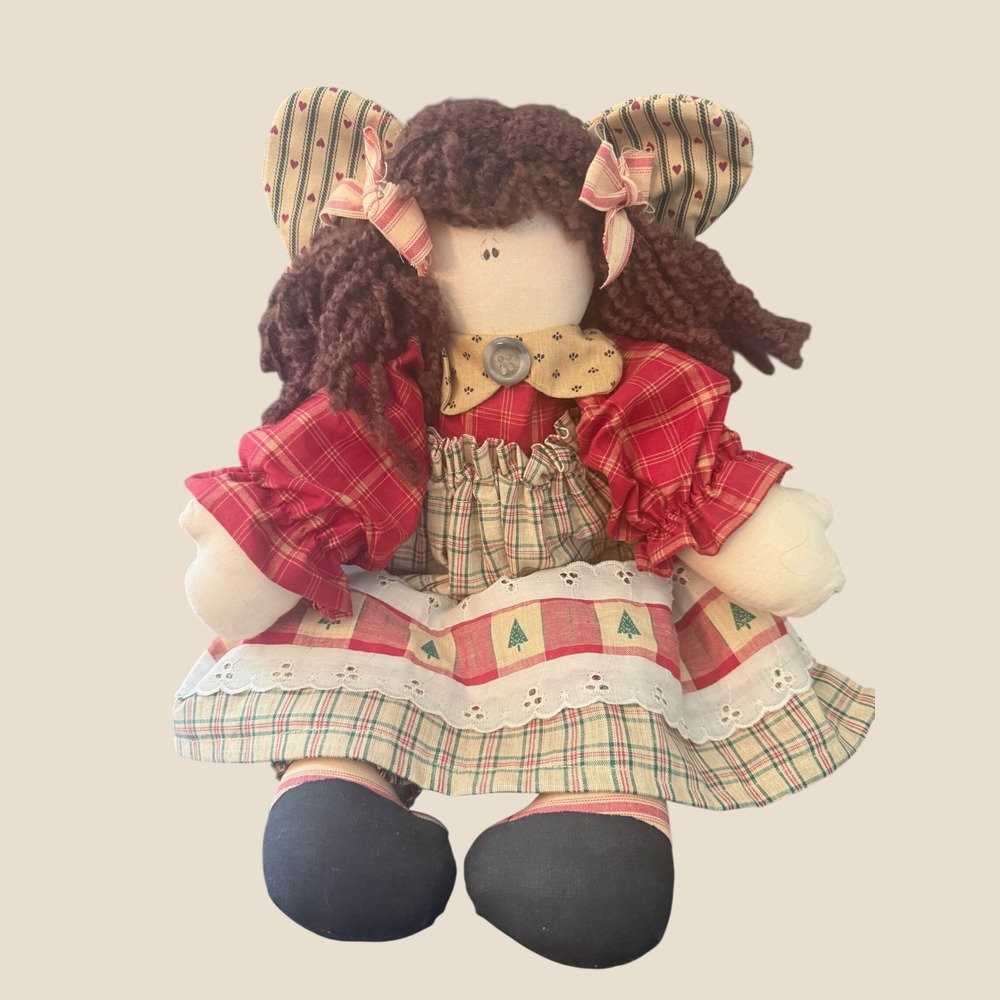 Handmade Vintage Primitive Rag Doll Red Plaid Christmas Apron Folk Art 18in